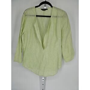 Adrienne Vittadini Womens Green Long Sleeve Deep V-neck Linen Blouse Top Size 14